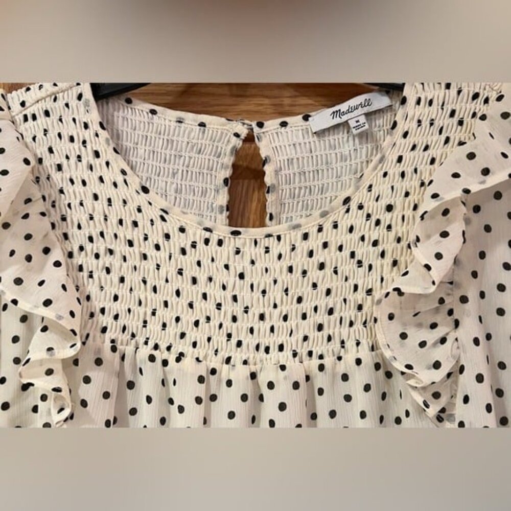 Madewell Smocked Ruffle-Shoulder Crinkled Georgette Midi Dress in Inkbrush Dots - Picture 10 of 12